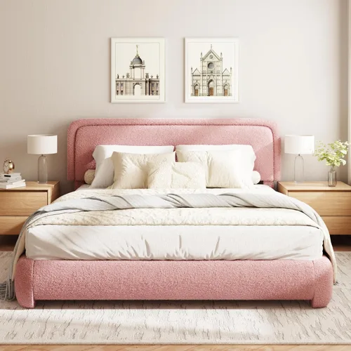 Vista 23 de Base de cama Boucle de tamaño Queen, plataforma tapizada con cabecera ajustable en altura y esquinas redondeadas suaves, sin ruido, fácil montaje