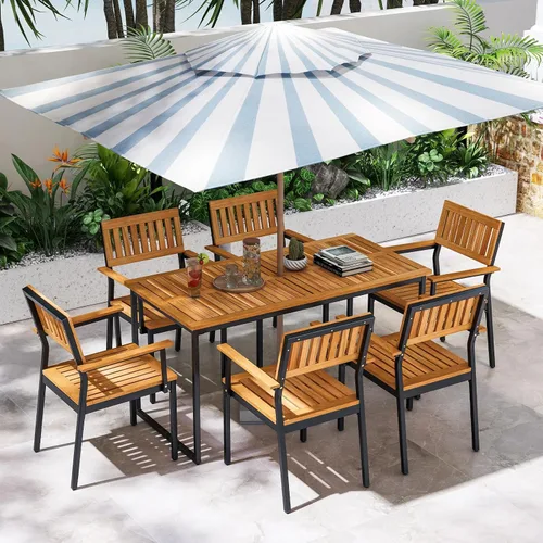 Vista 9 de Tangkula Mesa de comedor de madera de acacia de 55 pulgadas para 6, mesa rectangular para exteriores con patas de metal resistente y agujero