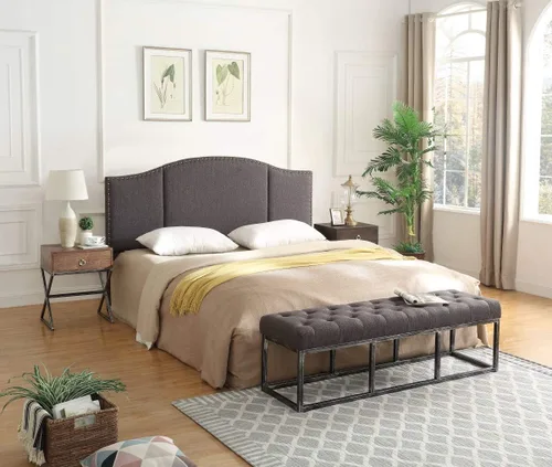 Vista 38 de 24KF Middle Century - Cabecera capitonada tapizada en lino con clavos de latón antiguo, cabecera Queen / Matrimonial, color gris oscuro