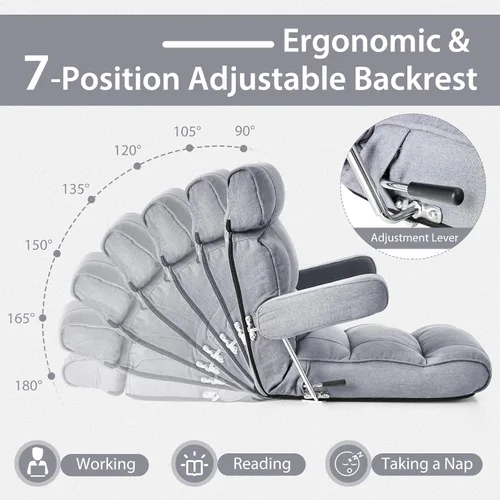 Vista 12 de KOMFOTT Sofá plegable ajustable, tumbona tapizada para interiores con reposacabezas ajustable de 6 posiciones, soporte lumbar, asiento extendido