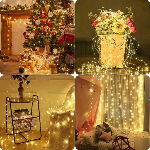 Vista 127 de Paquete de 2 guirnaldas de luces LED, funcionan con pilas, 5 m, 50 luces intermitentes, temporizador, impermeables, para habitaciones, bodas