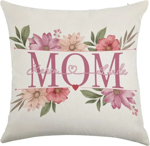 Vista 2 de Custom Pillow with Name,Printed in USA,18"x18" Personalized Linen Pillow Cover for Mom, Custom Gifts for Mother's Day (Style-1)