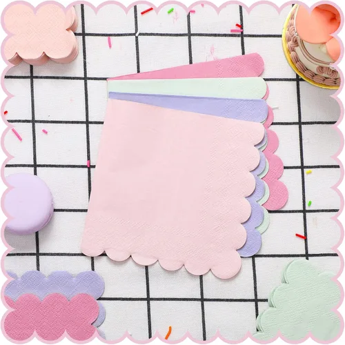 Vista 3 de Kosiz 100 servilletas de cóctel con bordes festoneados de 5 x 5 pulgadas, servilletas de papel pastel desechables a granel para 4 colores macarrón