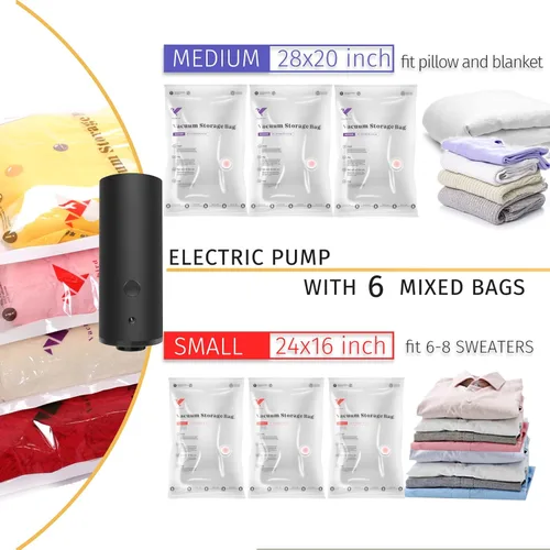Vista 2 de VMSTR Bolsas de almacenamiento al vacío de viaje con bomba eléctrica, paquete de 6 bolsas de ahorro de espacio para ropa, bolsas de vacío