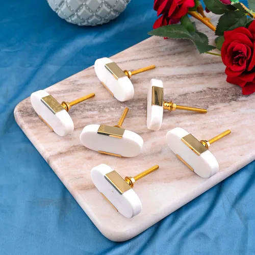 Vista 2 de Perilla Home Juego de 6 pomos de piedra, pomos de mármol blanco, pomos decorativos ovalados elegantes con tornillo para accesorios de cocina, cajón