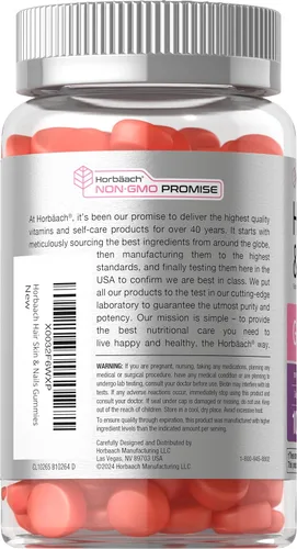 Vista 3 de Horbäach Gomitas para el cabello, piel y uñas, 100 unidades, con biotina, vitaminas con sabor a frutas, sin OMG, suplemento sin gluten