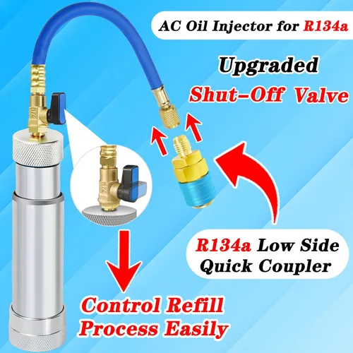 Vista 4 de Inyector de aceite de CA para R1234yf R134a R410a, Inyector de tinte de CA con válvula de cierre, Inyector de tinte 1234yf con función de prevención