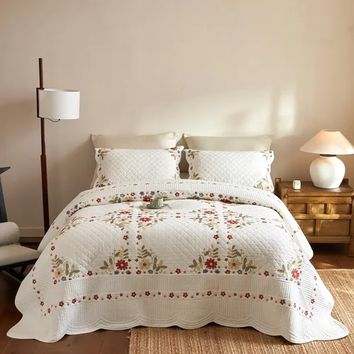 Vista 39 de MarCielo Juego de ropa de cama de 3 piezas, 100 % algodón, juego de colcha de gran tamaño, ligero y bordado, estilo rústico, T0