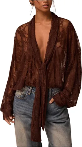 SOLY HUX Blusa de encaje para mujer, manga larga, malla transparente con lazo frontal Marrón (pure brown)