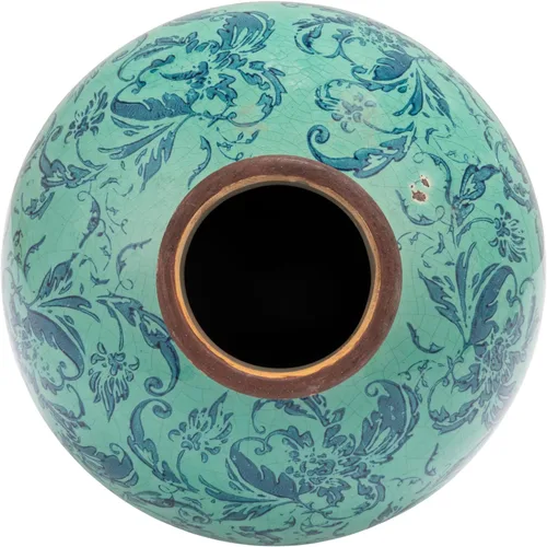 Vista 3 de Creative Co-Op Jarrón redondo decorativo de terracota con patrón de transferencia, aguamarina