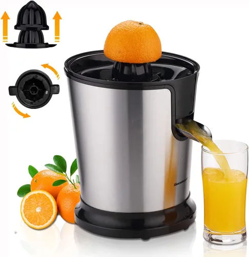Homeleader Exprimidor eléctrico de cítricos, exprimidor de limón con acero inoxidable, exprimidor de naranja con dos conos, potente motor para