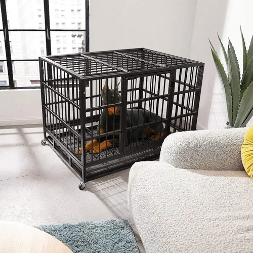 Vista 2 de WOKEEN Jaula para perros resistente de 48 pulgadas con ruedas, jaula para perros indestructible de alta ansiedad, diseño de cerraduras resistentes