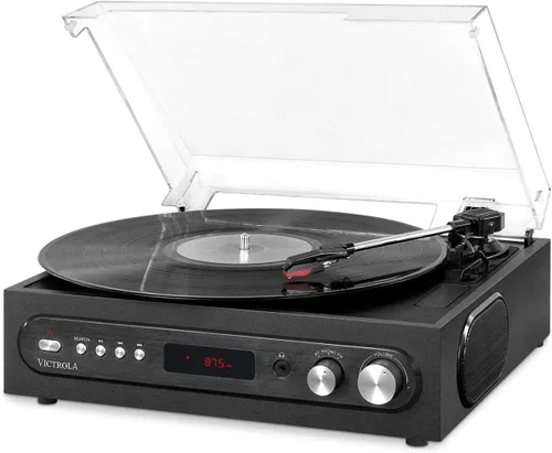 Victrola Tocadiscos 3 en 1 – Reproductor de discos Bluetooth de 3 velocidades (33 1/3, 45, 78 RPM) con radio FM y altavoces estéreo incorporados,