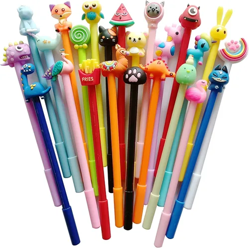 sencoo Paquete de 24 bolígrafos de tinta azul de dibujos animados de gel de colores surtidos para escritura, regalo de cumpleaños, premio escolar,