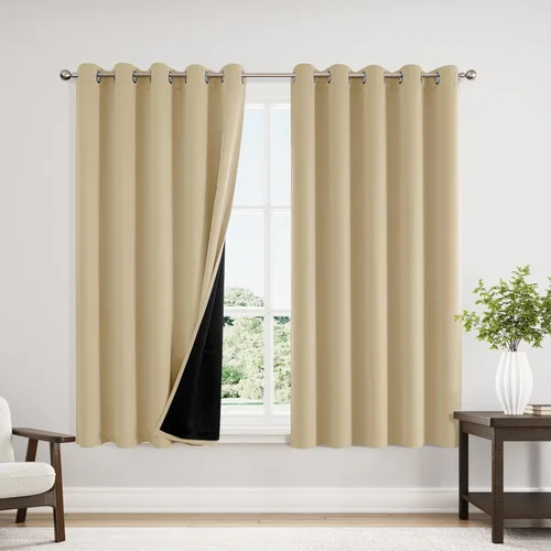 Vista 68 de ChrisDowa Cortinas 100% opacas de 63 pulgadas de largo para dormitorio con forro negro, 2 capas gruesas totalmente opacas con aislamiento térmico