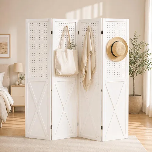 Vista 10 de Divisor de Habitación de Madera con Tablero Perforado de 4 Paneles, Pantalla de Privacidad Plegable con Exhibidor de Tablero Perforado de 5.6 Pies