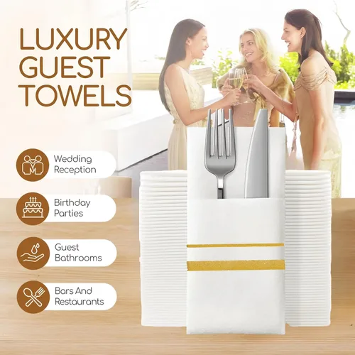 Vista 6 de SUZZYVINE Servilletas desechables doradas con bolsillo integrado para cubiertos, servilletas de tela para bodas, fiestas de lino, 100 unidades, 16 x