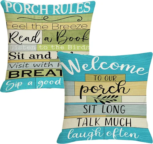 Vista 7 de Jartinle Juego de 2 fundas de almohada para exteriores, impermeables, con texto en inglés "Welcome to Our Porche", fundas de almohada para patio