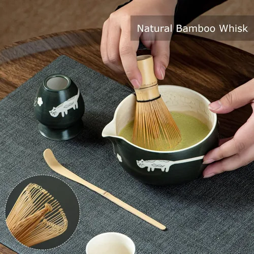 Vista 4 de Juego de té Matcha único para gatos, cuenco de matcha con boquilla, 2 tazas, batidor de bambú, soporte y cuchara, juego de 6 piezas de matcha