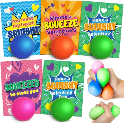 28 tarjetas de regalo para el día de San Valentín para intercambio escolar, tarjetas de San Valentín a granel con bola pequeña, juguetes pequeños de