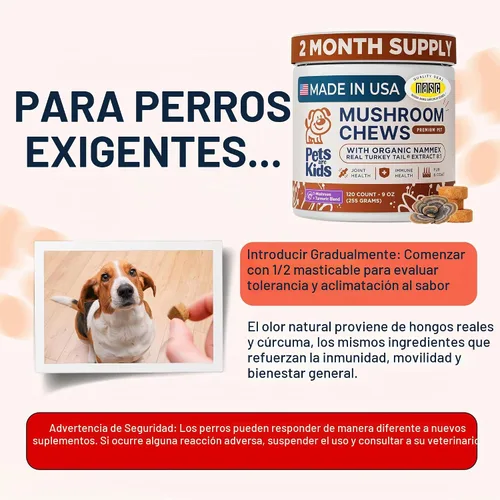 Vista 4 de Pets are Kids Turkey Tail Mushroom for Dogs, Gut, Skin and Joint Support Masticables de hongos con extracto 8:1 certificado por la NASC