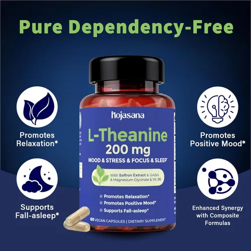 Vista 2 de L Teanina 200 mg con azafrán, GABA, glicinato de magnesio y vitamina B6, suplemento de L-teanina fórmula compleja avanzada para relajación