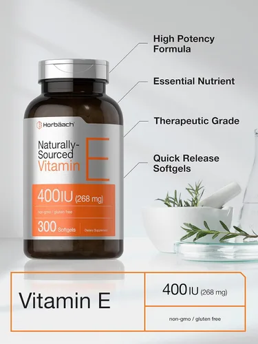 Vista 3 de Horbäach Cápsulas de cápsulas blandas de vitamina E 400 iu 268 mg 300 unidades Fórmula de origen natural sin OMG y sin gluten D-alfa