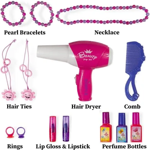 Vista 5 de Juego de tocador de princesas para niñas con 16 accesorios de moda y maquillaje, teclado de piano funcional y luces intermitentes, ideal para niños