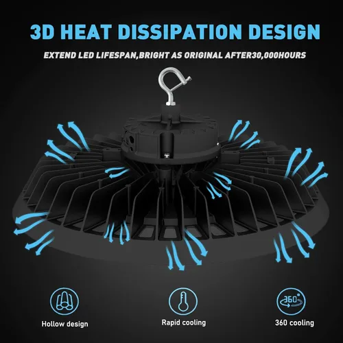 Vista 5 de OSTEK Luz LED UFO de alta bahía de 150 W, 0-10 V regulable de alta bahía LED de 5000 K, ETL DLC con gancho de EE. UU., cable de iluminación LED