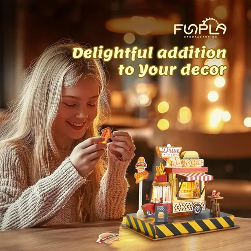 Vista 6 de Rompecabezas de Madera 3D Modelo de Camión de Hamburguesas - Kit de Manualidades DIY de Vehículo de Casa de Muñecas de Camión de Comida en Miniatura