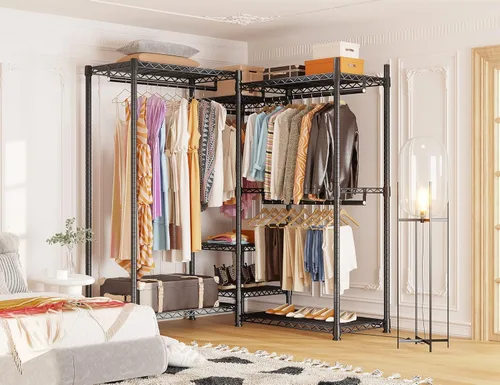 Vista 3 de Raybee Perchero de ropa resistente para colgar ropa, perchero ajustable para colgar ropa, negro, 13.9 pulgadas de profundidad x 70.6 pulgadas