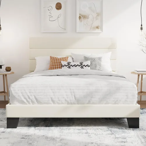 Vista 13 de SHA CERLIN Base de cama de plataforma completa con cabecera de tela tapizada, base de colchón con fuerte soporte de listones de madera, no necesita