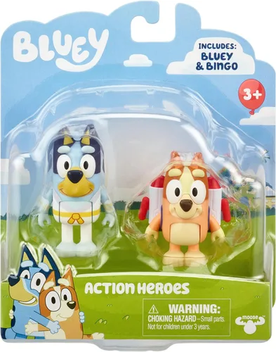 Bluey Action Heroes - Juego de figuras de juguete de 2 unidades, figuras articuladas de personajes con figuras de karate y mochila propulsora,
