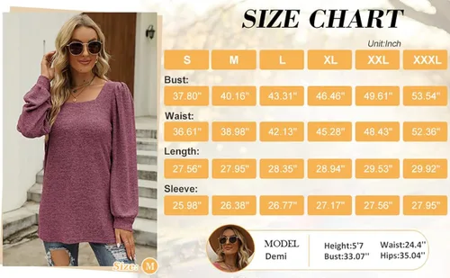 Vista 4 de WIHOLL Camisetas tipo túnica para mujer ajuste holgado manga larga cuello cuadrado