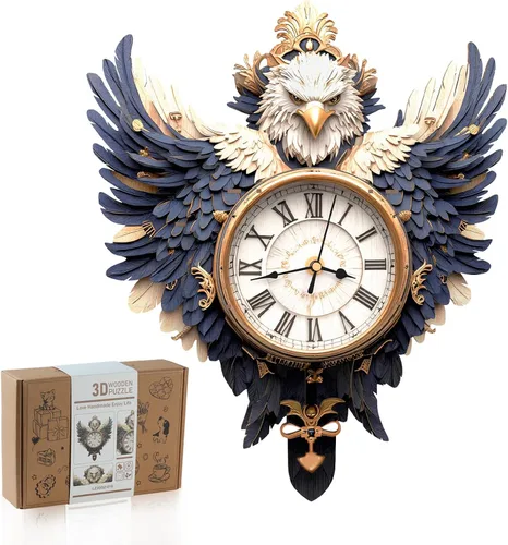 Rompecabezas de madera 3D para adultos, kit de modelo de reloj de águila calva con péndulo, rompecabezas 3D para adultos, kit de reloj de pared DIY