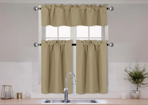 Vista 7 de Better Home Style Juego de 3 cortinas de ventana de cocina 100% opacas de color sólido con niveles y cenefa, eficiencia energética sólida, térmica