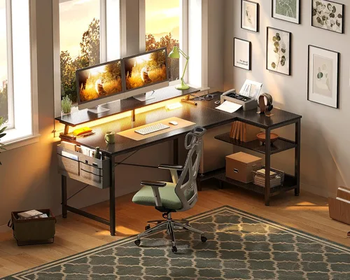 Vista 16 de ODK Escritorio para juegos de 40 pulgadas con tomas de alimentación USB y luces LED, escritorio reversible en forma de L con estantes de Superficie