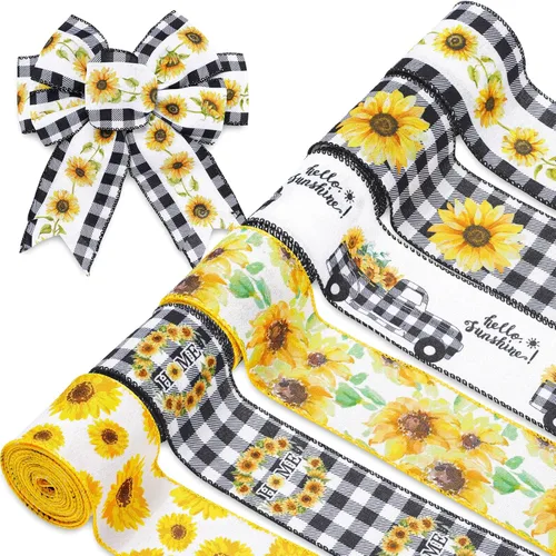 Whaline Cinta de girasol con borde con alambre de 36 yardas, 6 rollos de 2.5 pulgadas, cinta de tela de flores a cuadros de búfalo para primavera y