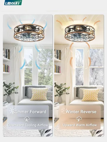 Vista 4 de Ventiladores de techo enjaulados con luces LEDIARY, ventilador de techo de granja de montaje empotrado con control remoto, ventilador de techo