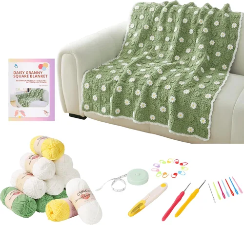 Vista 7 de CSWCS Kit de Manta de Ganchillo para Principiantes, Kit de Manta Tipo Throw de Cuadros Granny de Margaritas para Adultos, Fácil de Aprender a Tejer