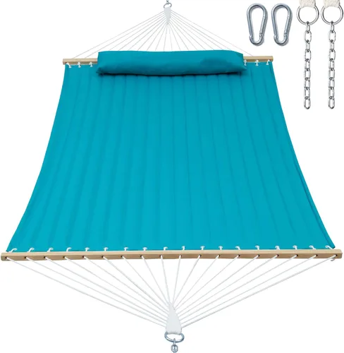 Vista 12 de Gafete Hamacas para 2 personas de 12 pies para exteriores, hamaca de tela doble acolchada para exteriores con barra separadora, almohada extraíble