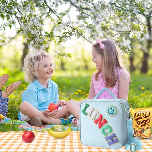 Vista 5 de Bolsa de almuerzo aislada con correa ajustable para el hombro, caja de almuerzo grande de nylon con diseño preppy, bolsa de almuerzo aislada