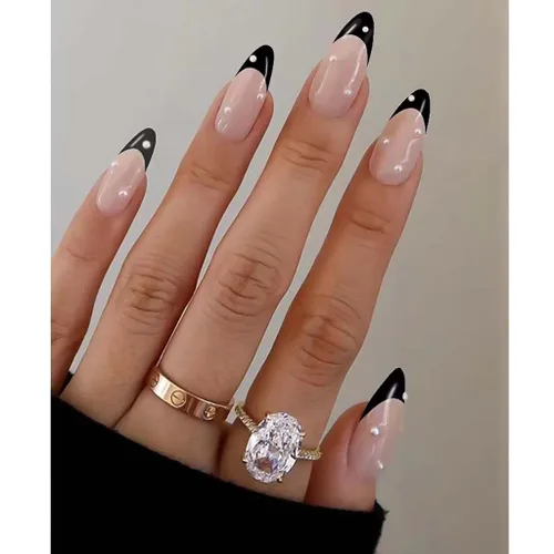 Vista 20 de RikView uñas postizas blancas en forma de almendra de longitud media, uñas adhesivas naturales, uñas en relieve con diseño de margarita