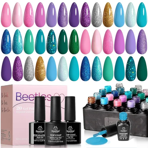 Vista 23 de Beetles - Juego de esmaltes de uñas de gel, 20 colores, rosa, blanco, negro, amarillo, rojo, con brillantina, UV, LED, kit de esmalte de gel