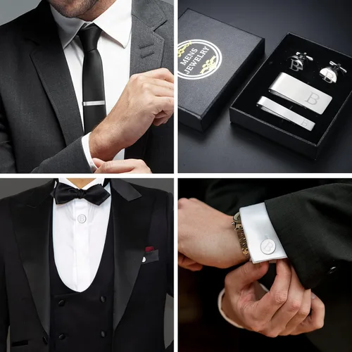 Vista 4 de LOYALLOOK 4Pcs Stainless Steel Engraved Initial Cufflinks and Tie Bar Money Clip Set Personalized Button Shirt Initials Tie Clip Alphabet Letter A-Z