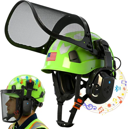 Vista 11 de Aolamegs Casco de motosierra con protector facial y orejeras, casco forestal naranja con protección auditiva y máscara de malla completa, casco