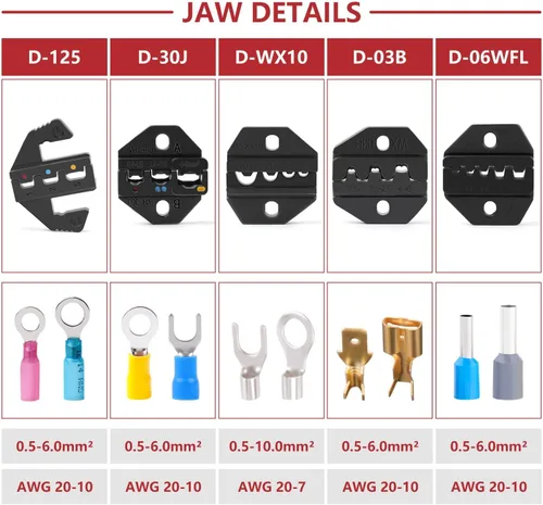 Vista 2 de Delgada Juego de herramientas de crimpado de trinquete, 6 piezas de mordazas intercambiables con bolsa de transporte de destornillador, alicates