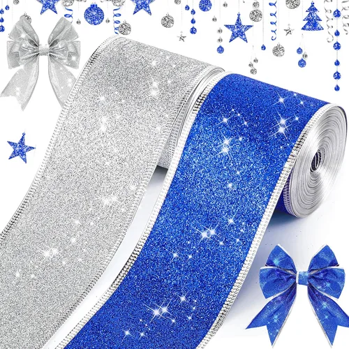 2 rollos de cinta de 20 yardas con borde de alambre de Navidad de 2.5 pulgadas, cintas de regalo para envolver regalos, cinta decorativa para árbol