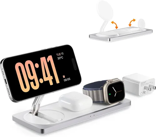 Vista 8 de Estación de carga 3 en 1 para dispositivos Apple: Usada para estación de carga de iPhone y reloj con soporte de cargador Magsafe, cargador