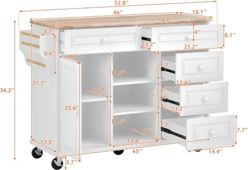 Vista 3 de Carrito móvil de isla de cocina de estilo moderno de 53 pulgadas de ancho con escritorio y gabinete de madera de goma, 5 cajones y ruedas